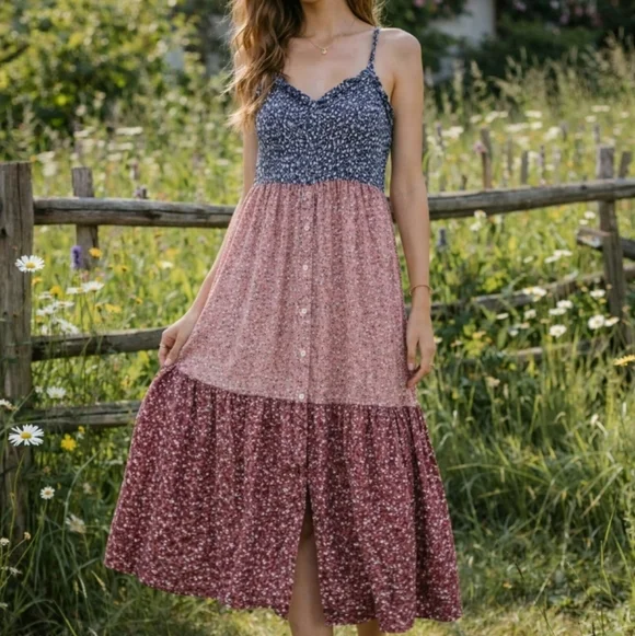Band Of The Free Tiered Dress Smocked Large Ditsy Floral Western Garden Prairie - Picture 2 of 12